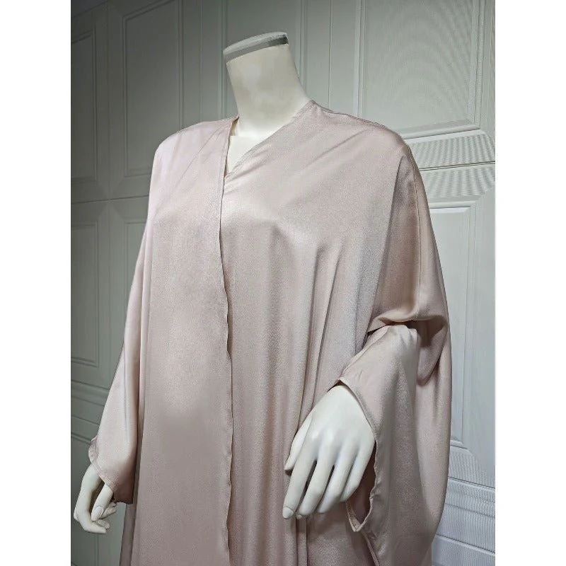 Soft Forged Bat Sleeve Abaya Robe | V-Neck Satin Cardigan Dress(MOA224) - Image 5
