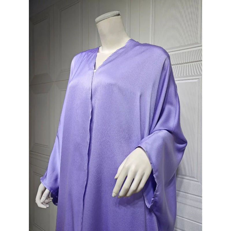 Soft Forged Bat Sleeve Abaya Robe | V-Neck Satin Cardigan Dress(MOA224) - Image 9