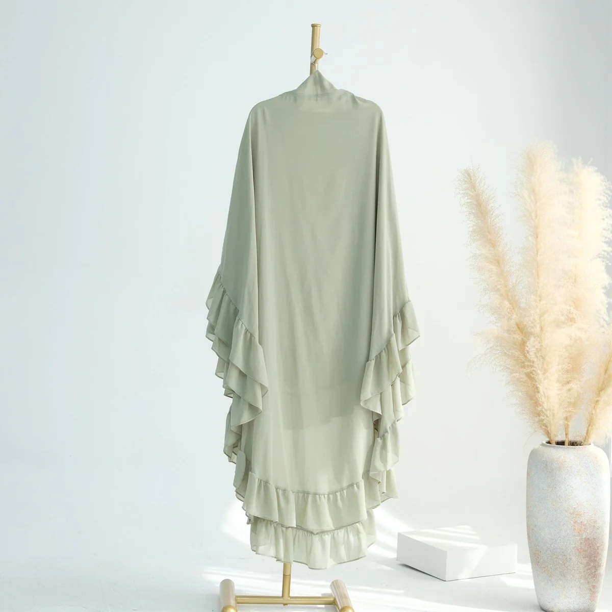 Soft Solid Color Muslim Hijabs with Flowy Cape Design |  Double-Layer Ruffle-Edged Big Swing Headscarf (MK023) - Image 10