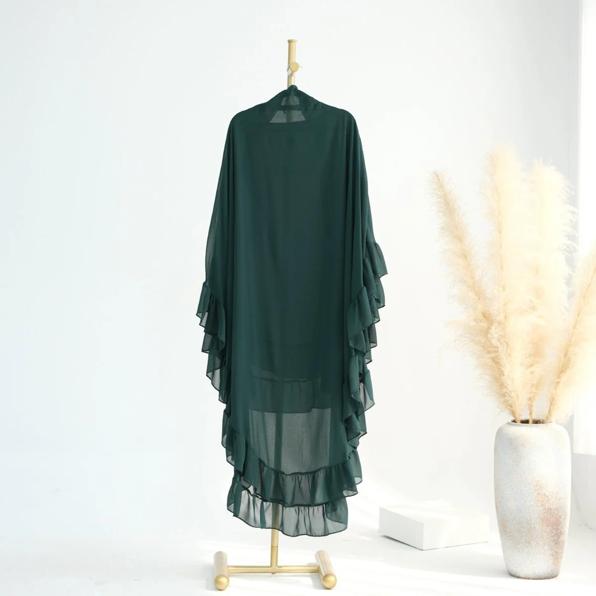 Soft Solid Color Muslim Hijabs with Flowy Cape Design |  Double-Layer Ruffle-Edged Big Swing Headscarf (MK023) - Image 11