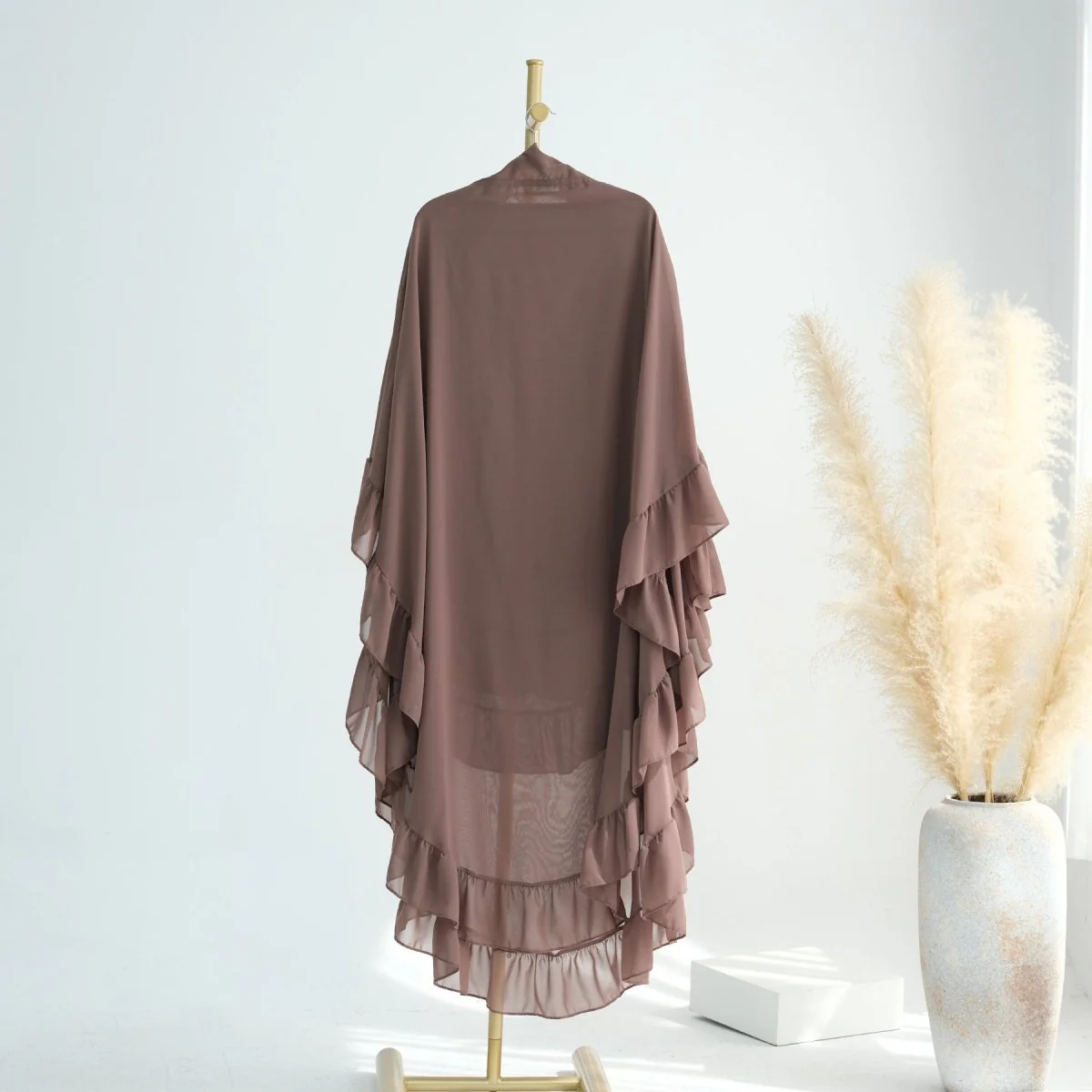 Soft Solid Color Muslim Hijabs with Flowy Cape Design |  Double-Layer Ruffle-Edged Big Swing Headscarf (MK023) - Image 12