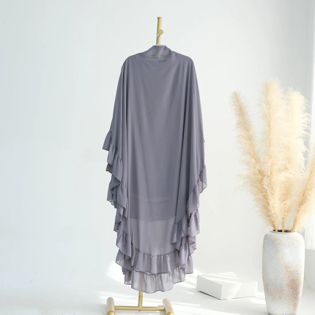 Soft Solid Color Muslim Hijabs with Flowy Cape Design |  Double-Layer Ruffle-Edged Big Swing Headscarf (MK023) - Image 13