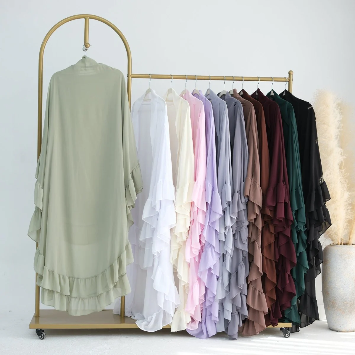 Soft Solid Color Muslim Hijabs with Flowy Cape Design |  Double-Layer Ruffle-Edged Big Swing Headscarf (MK023) - Image 14