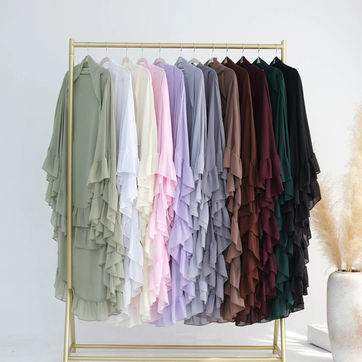 Soft Solid Color Muslim Hijabs with Flowy Cape Design |  Double-Layer Ruffle-Edged Big Swing Headscarf (MK023) - Image 15