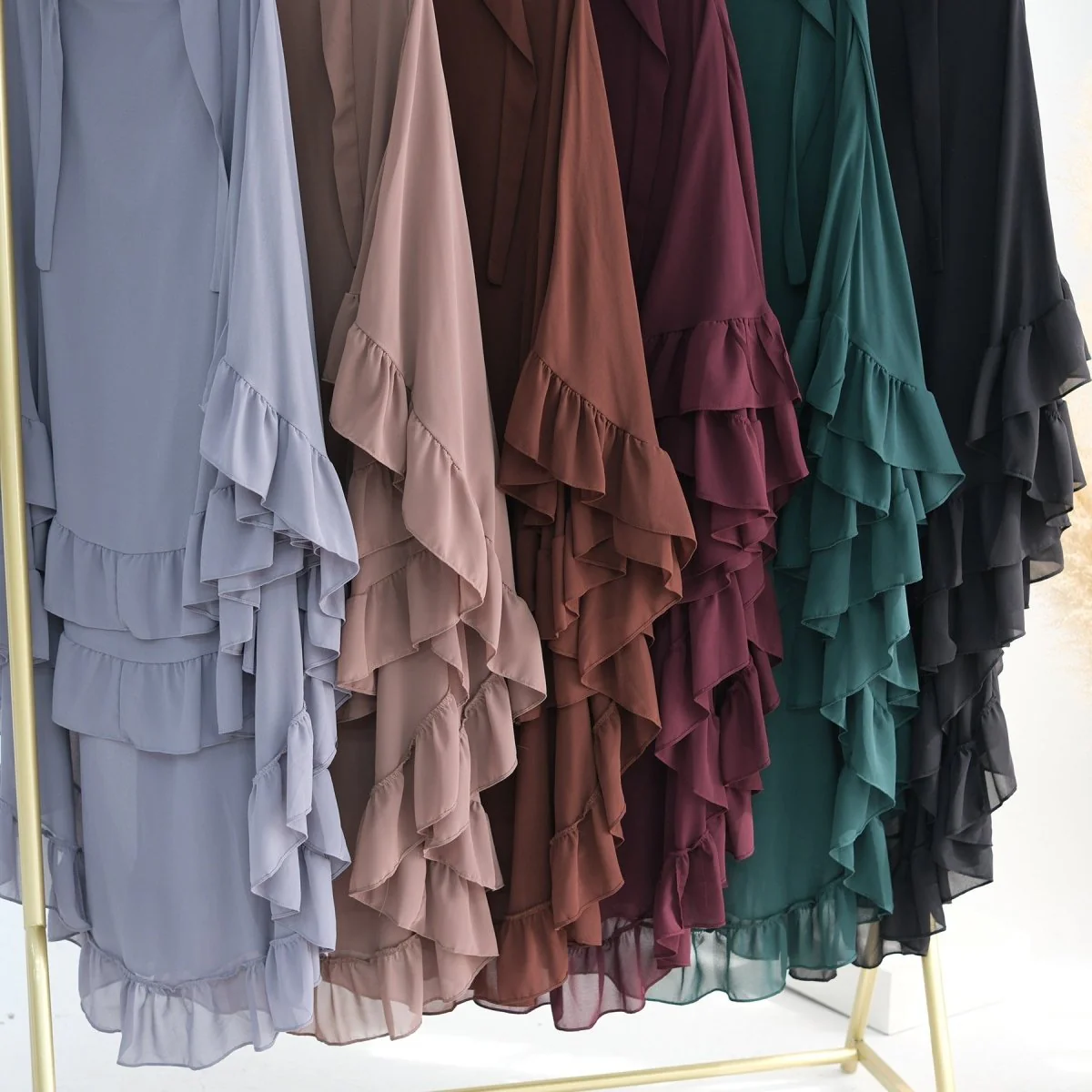 Soft Solid Color Muslim Hijabs with Flowy Cape Design |  Double-Layer Ruffle-Edged Big Swing Headscarf (MK023) - Image 16