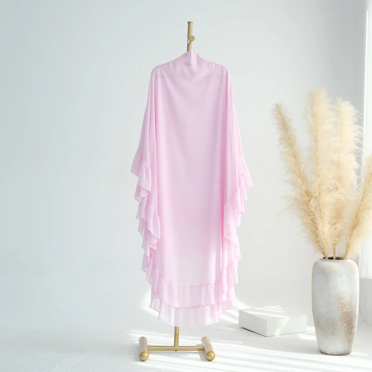 Soft Solid Color Muslim Hijabs with Flowy Cape Design |  Double-Layer Ruffle-Edged Big Swing Headscarf (MK023) - Image 3