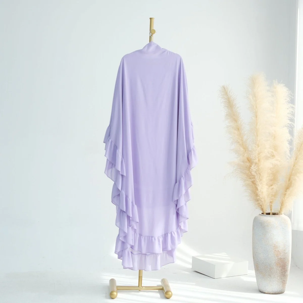 Soft Solid Color Muslim Hijabs with Flowy Cape Design |  Double-Layer Ruffle-Edged Big Swing Headscarf (MK023) - Image 4