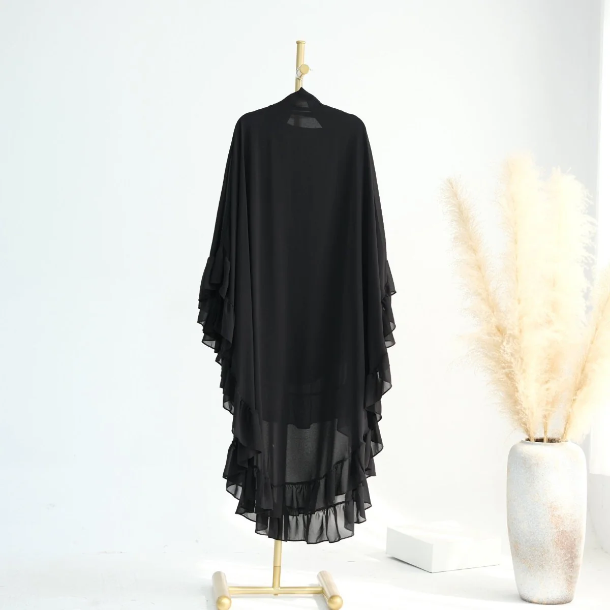 Soft Solid Color Muslim Hijabs with Flowy Cape Design |  Double-Layer Ruffle-Edged Big Swing Headscarf (MK023) - Image 5