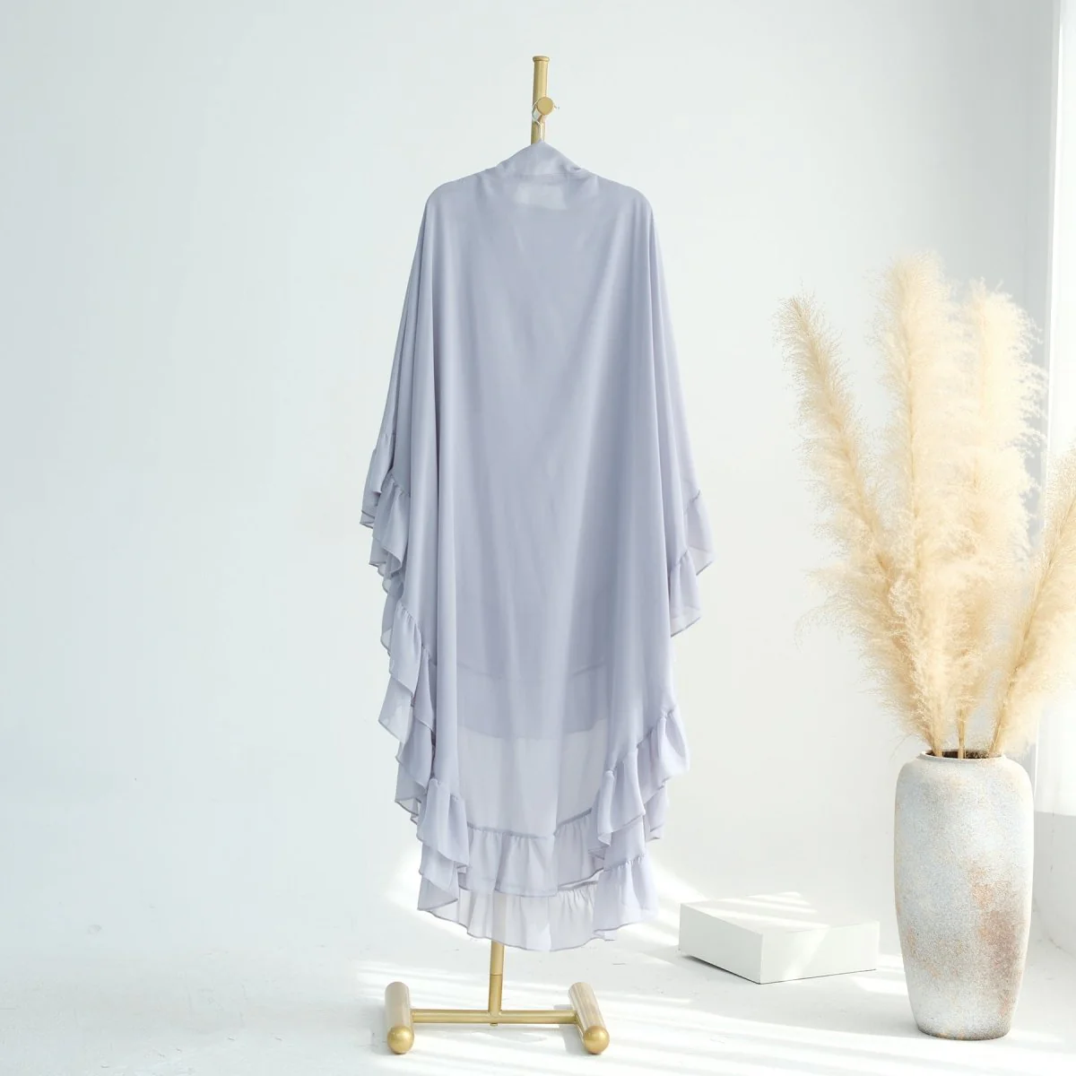 Soft Solid Color Muslim Hijabs with Flowy Cape Design |  Double-Layer Ruffle-Edged Big Swing Headscarf (MK023) - Image 7