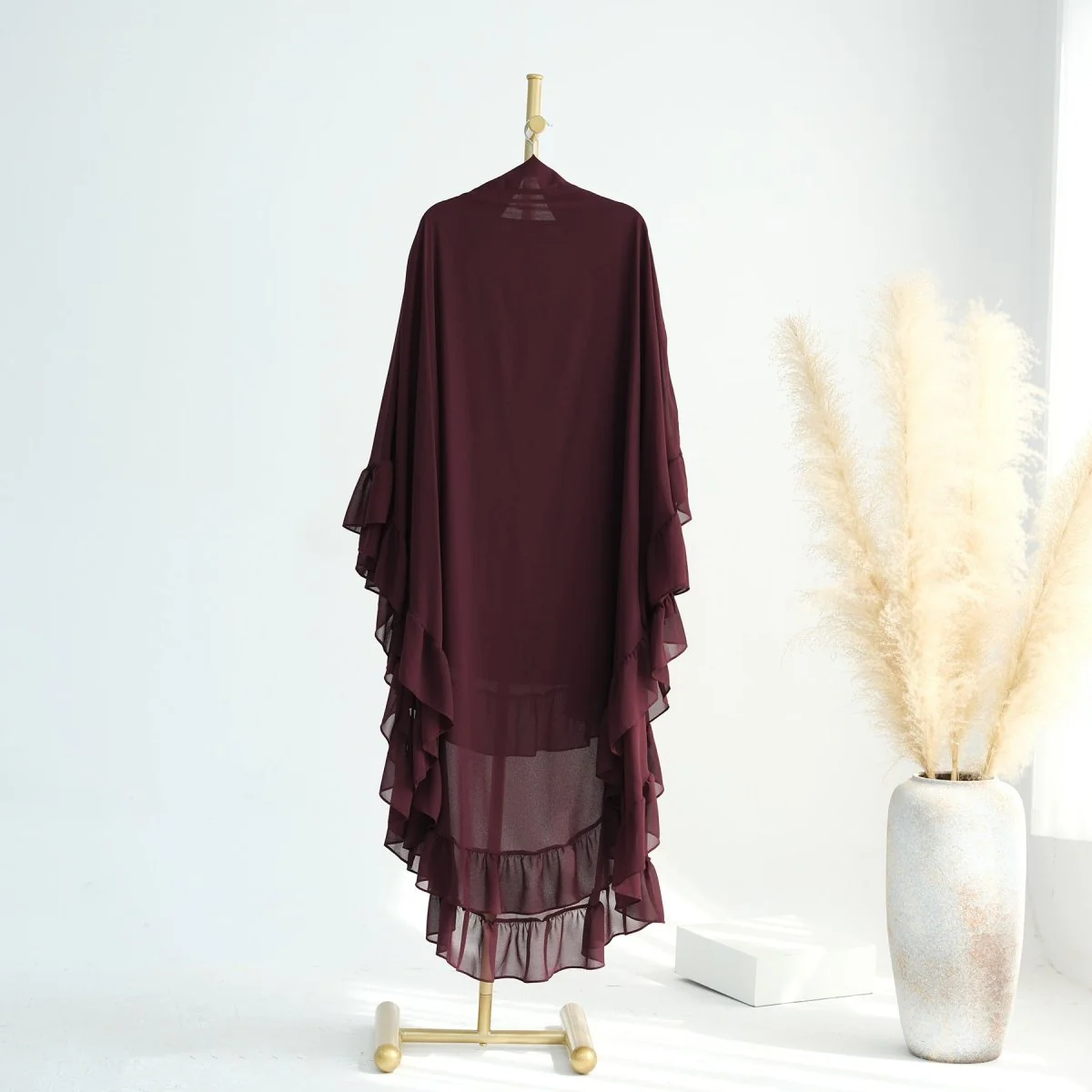 Soft Solid Color Muslim Hijabs with Flowy Cape Design |  Double-Layer Ruffle-Edged Big Swing Headscarf (MK023) - Image 8