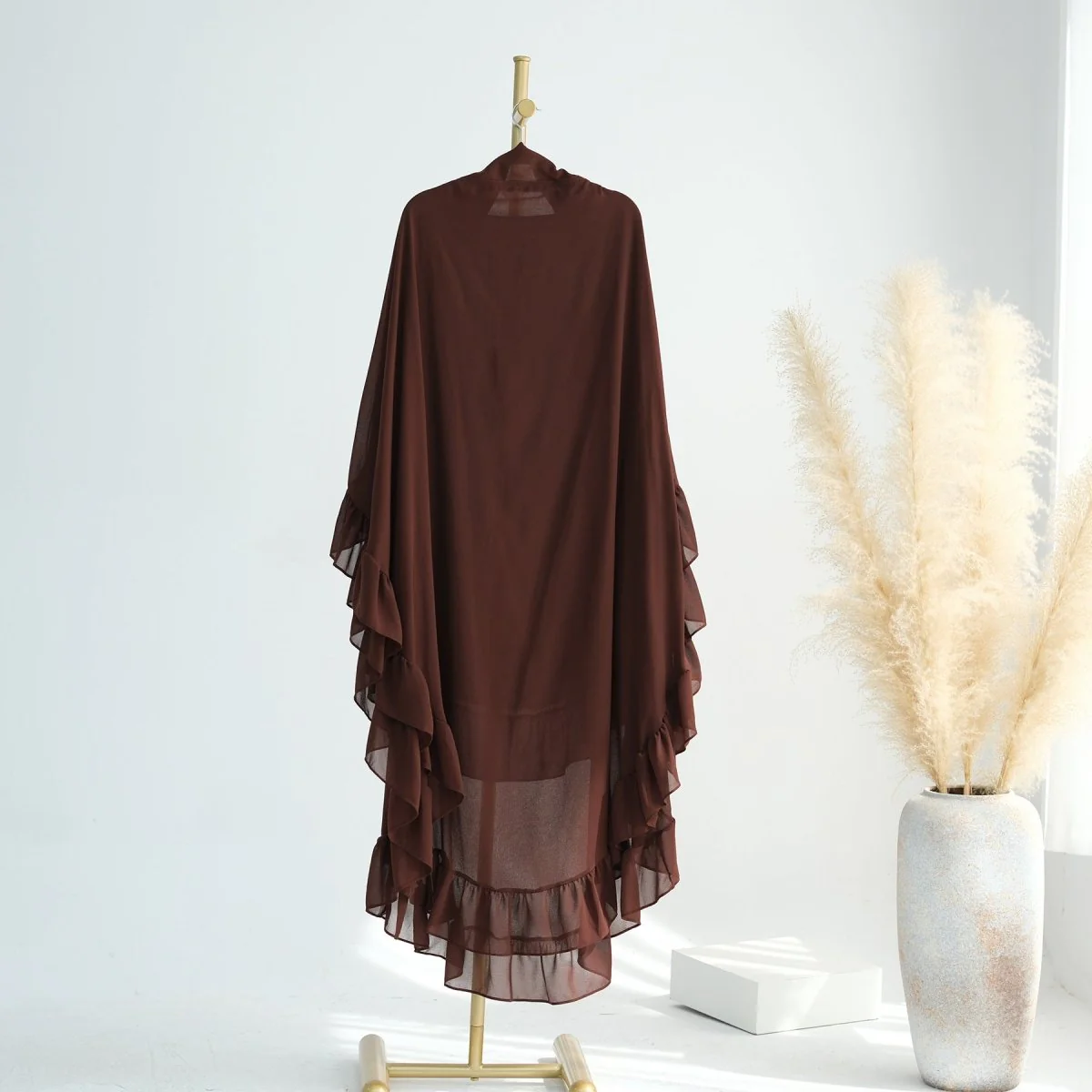 Soft Solid Color Muslim Hijabs with Flowy Cape Design |  Double-Layer Ruffle-Edged Big Swing Headscarf (MK023) - Image 9