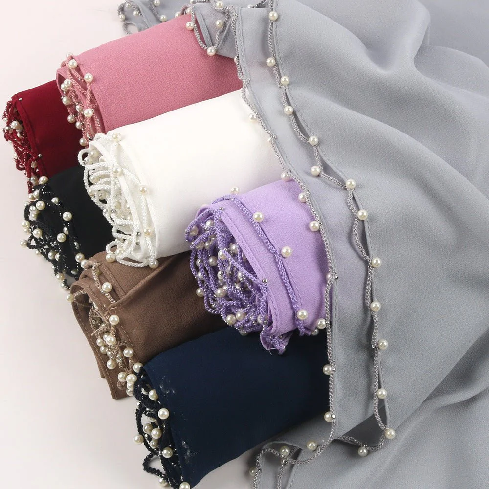 Solid Chiffon Hijab with Delicate Beaded Edging Pearl-Embellished Wave (MH139) - Image 2