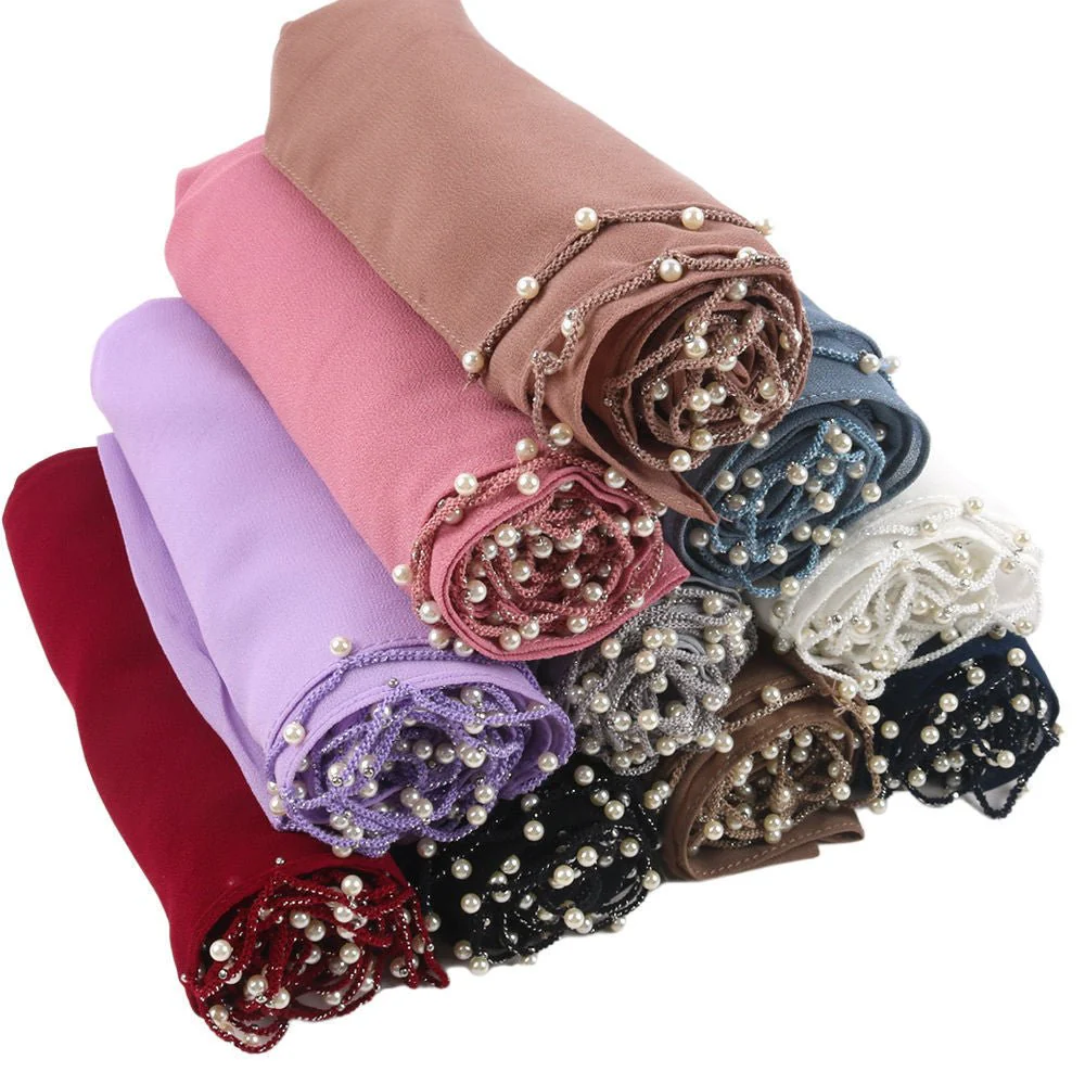 Solid Chiffon Hijab with Delicate Beaded Edging Pearl-Embellished Wave (MH139) - Image 3