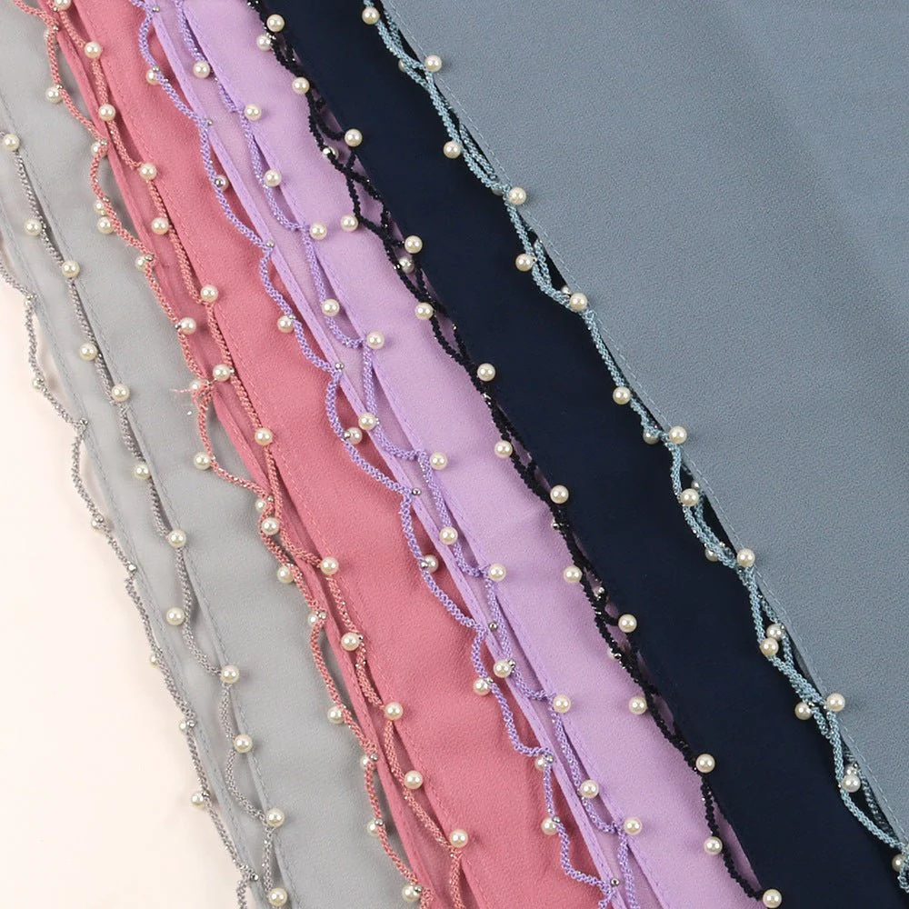 Solid Chiffon Hijab with Delicate Beaded Edging Pearl-Embellished Wave (MH139) - Image 4