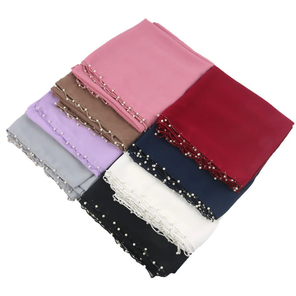 Solid Chiffon Hijab with Delicate Beaded Edging Pearl-Embellished Wave (MH139) - Image 5