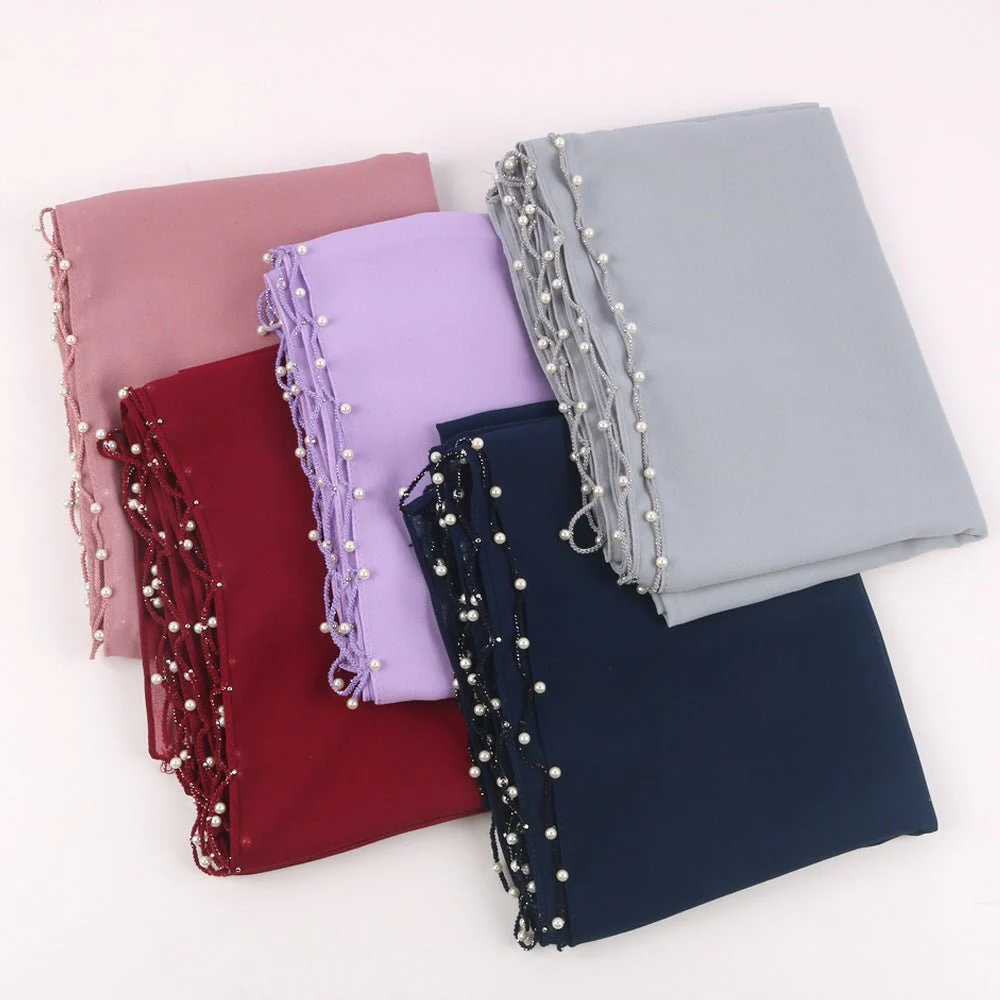 Solid Chiffon Hijab with Delicate Beaded Edging Pearl-Embellished Wave (MH139) - Image 7