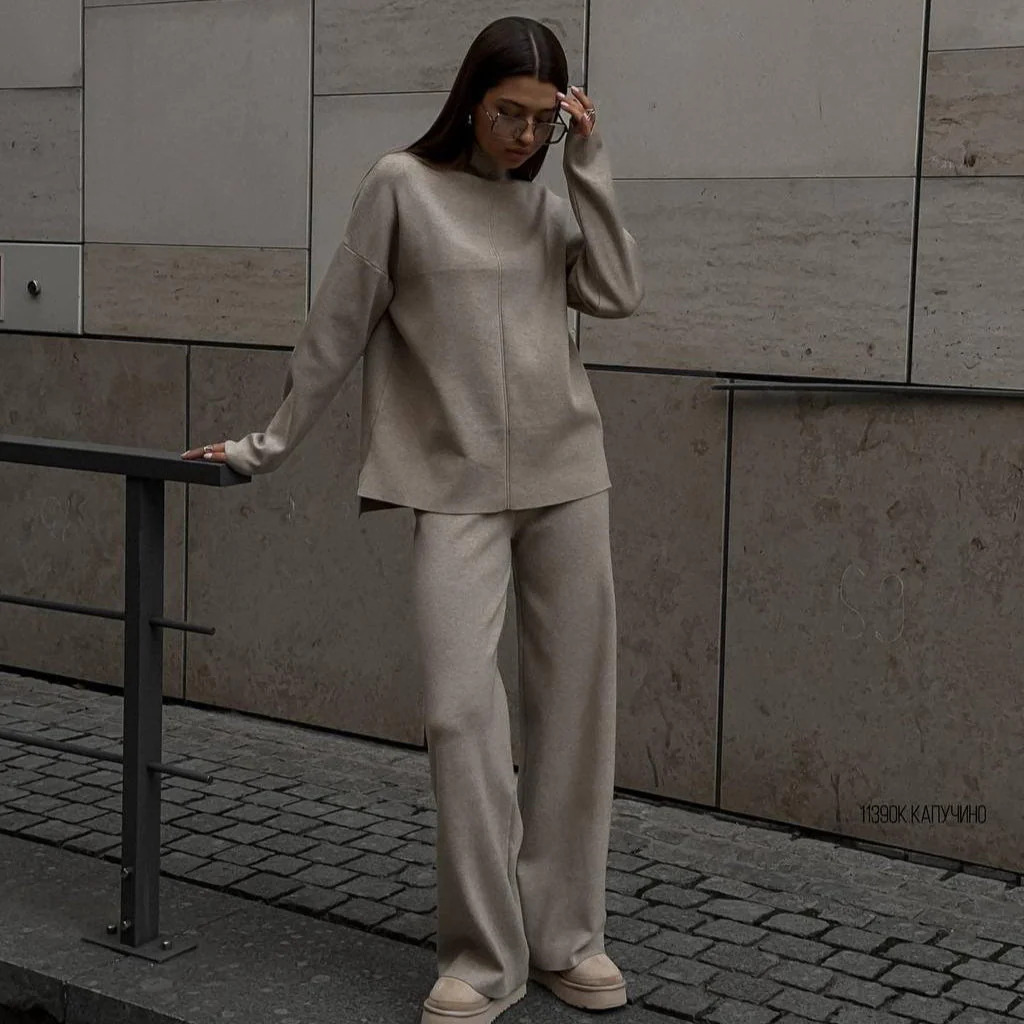 Solid Color Asymmetric Tunic & Wide Leg Pants Set(MS174) - Image 19