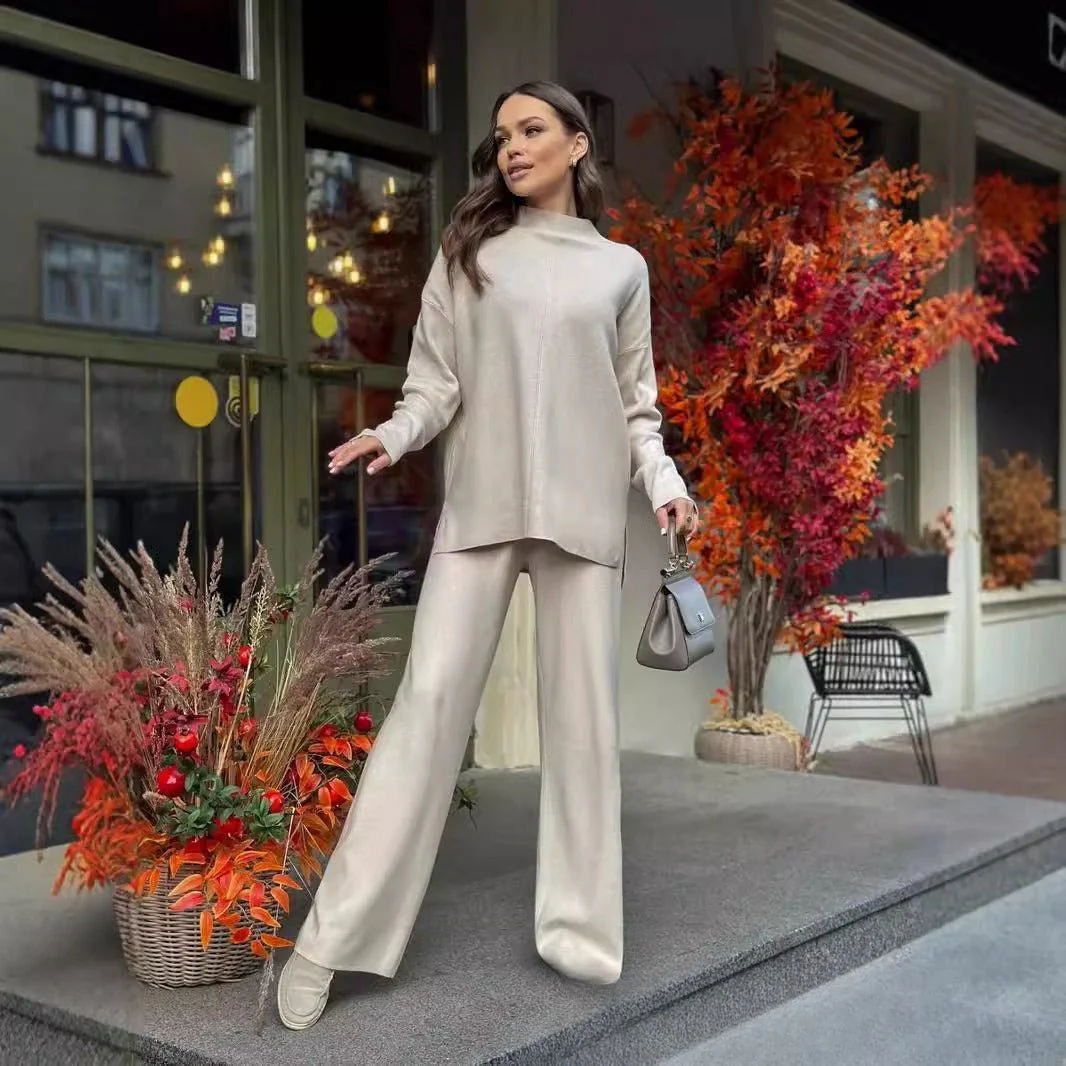 Solid Color Asymmetric Tunic & Wide Leg Pants Set(MS174) - Image 2
