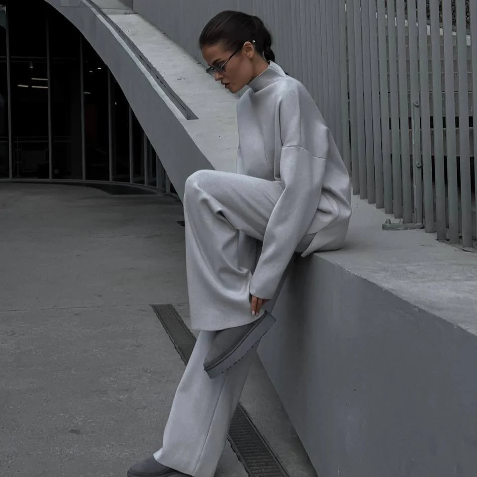 Solid Color Asymmetric Tunic & Wide Leg Pants Set(MS174) - Image 29