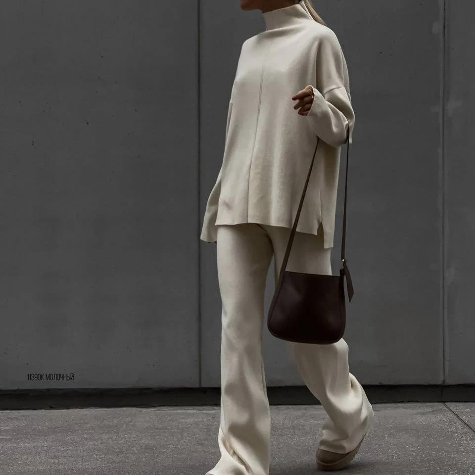 Solid Color Asymmetric Tunic & Wide Leg Pants Set(MS174) - Image 9