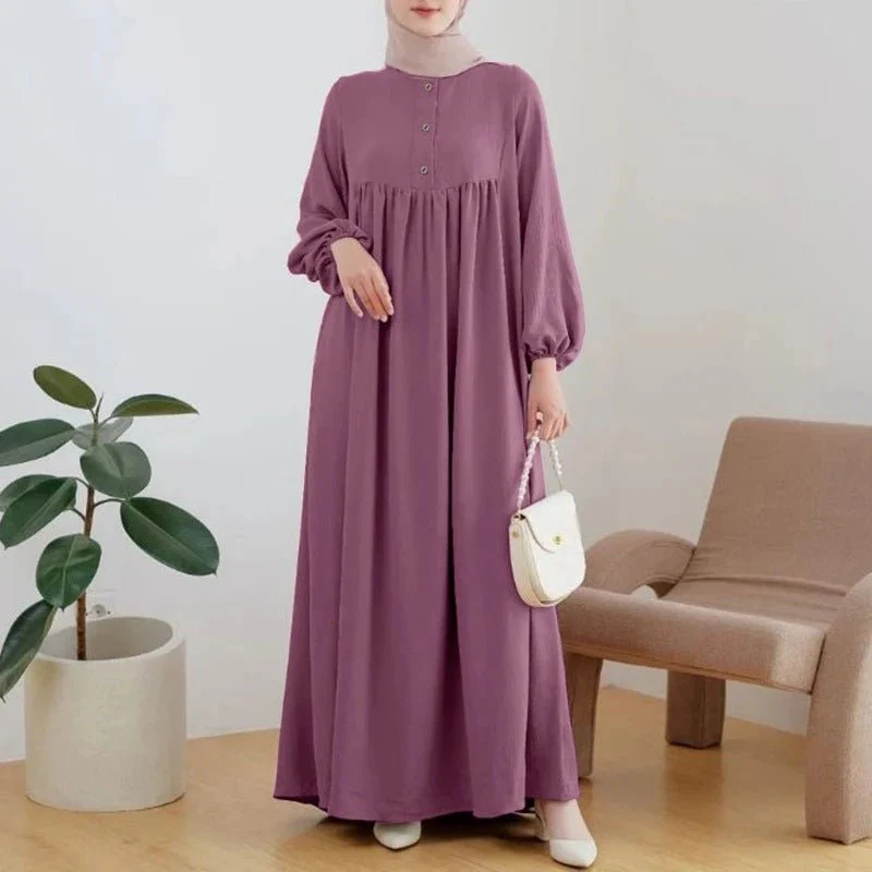 Solid Color Bubble Sleeve  with Button Casual & Elegant Long Maxi Dress Abaya (MA157) - Image 12