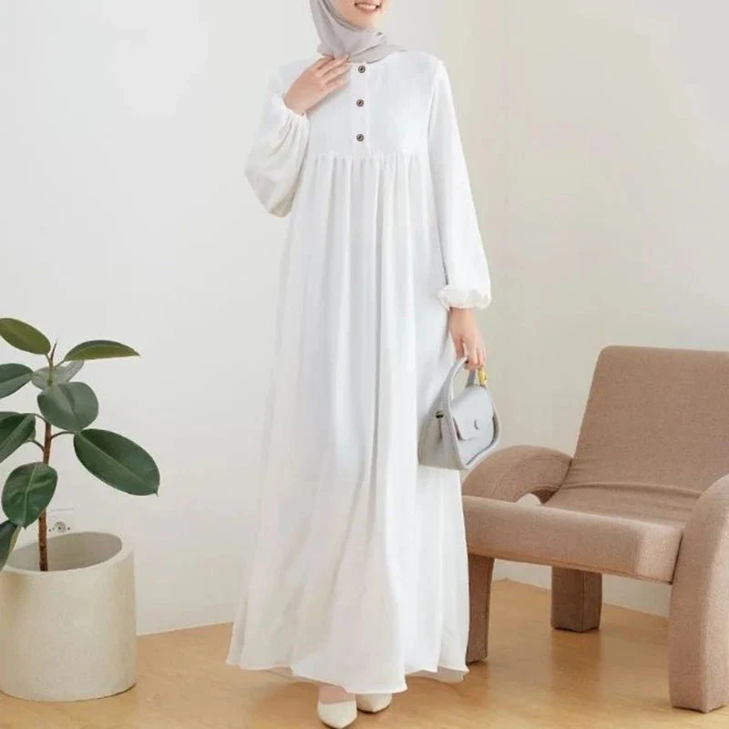 Solid Color Bubble Sleeve  with Button Casual & Elegant Long Maxi Dress Abaya (MA157) - Image 13