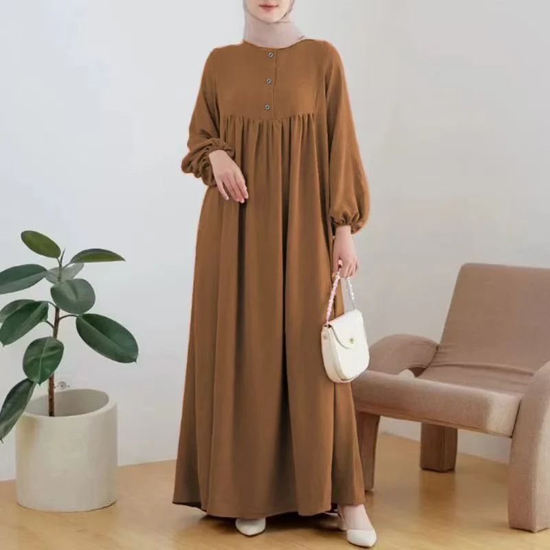 Solid Color Bubble Sleeve  with Button Casual & Elegant Long Maxi Dress Abaya (MA157) - Image 14