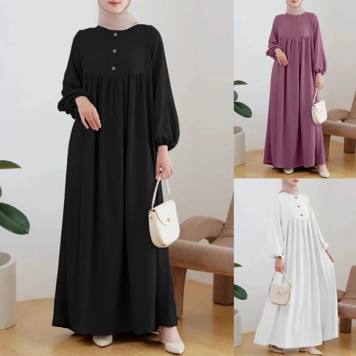 Solid Color Bubble Sleeve  with Button Casual & Elegant Long Maxi Dress Abaya (MA157) - Image 2