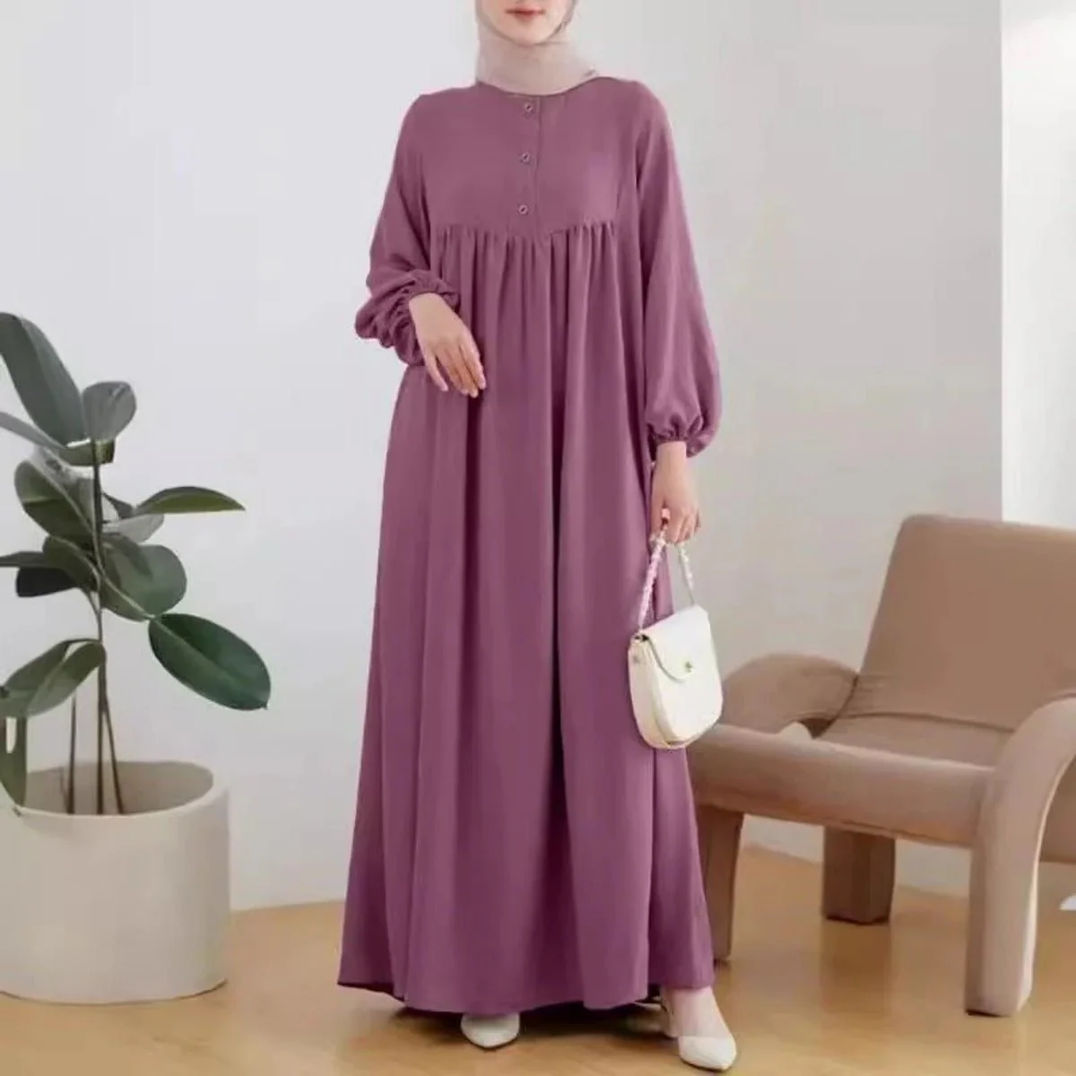 Solid Color Bubble Sleeve  with Button Casual & Elegant Long Maxi Dress Abaya (MA157) - Image 3