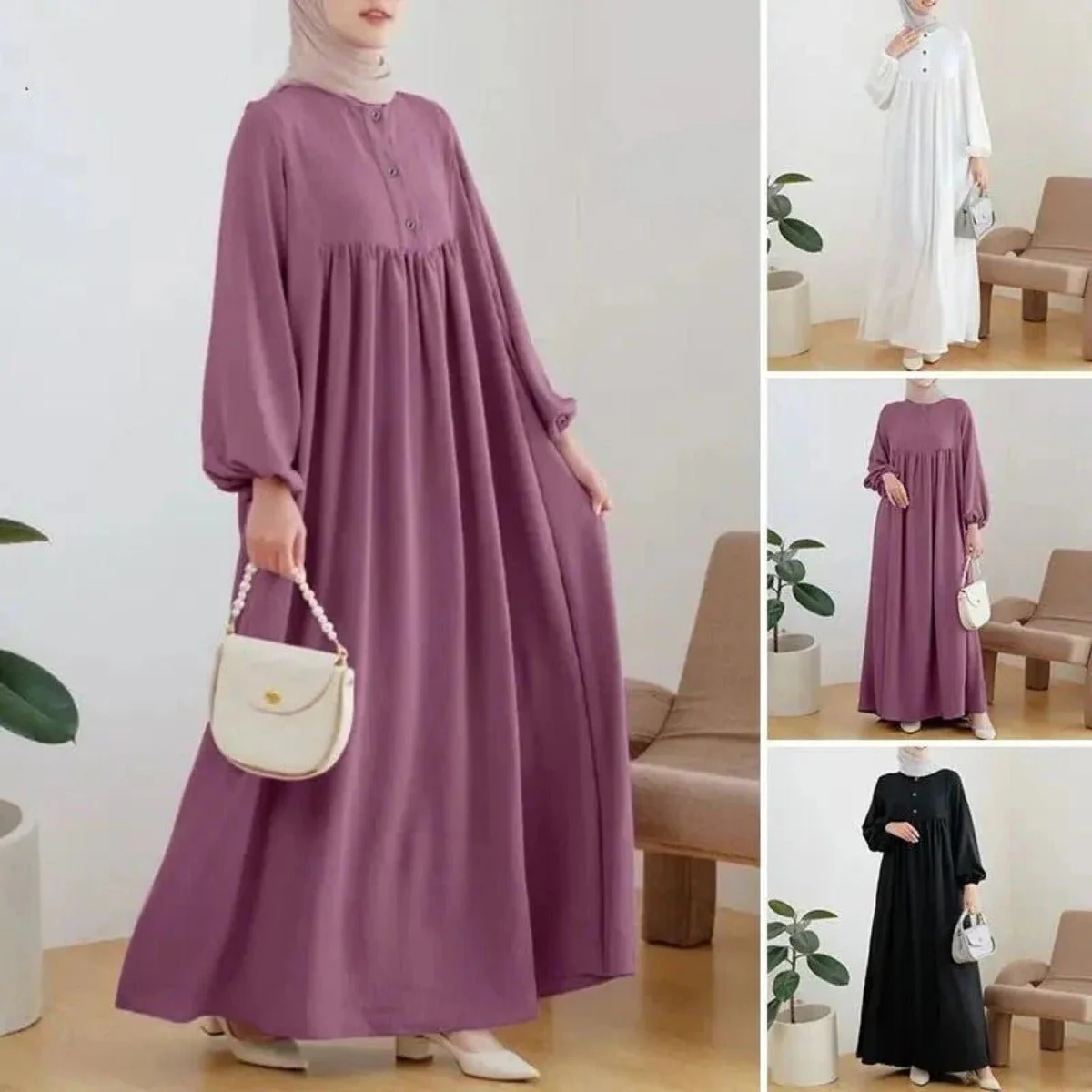 Solid Color Bubble Sleeve  with Button Casual & Elegant Long Maxi Dress Abaya (MA157) - Image 4