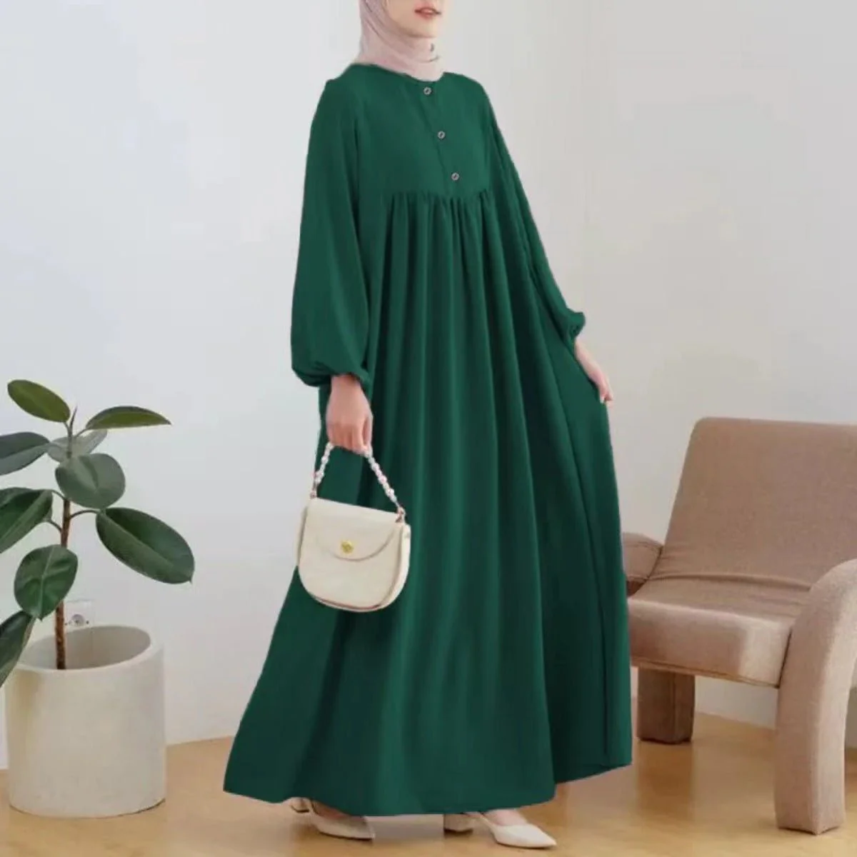 Solid Color Bubble Sleeve  with Button Casual & Elegant Long Maxi Dress Abaya (MA157) - Image 5