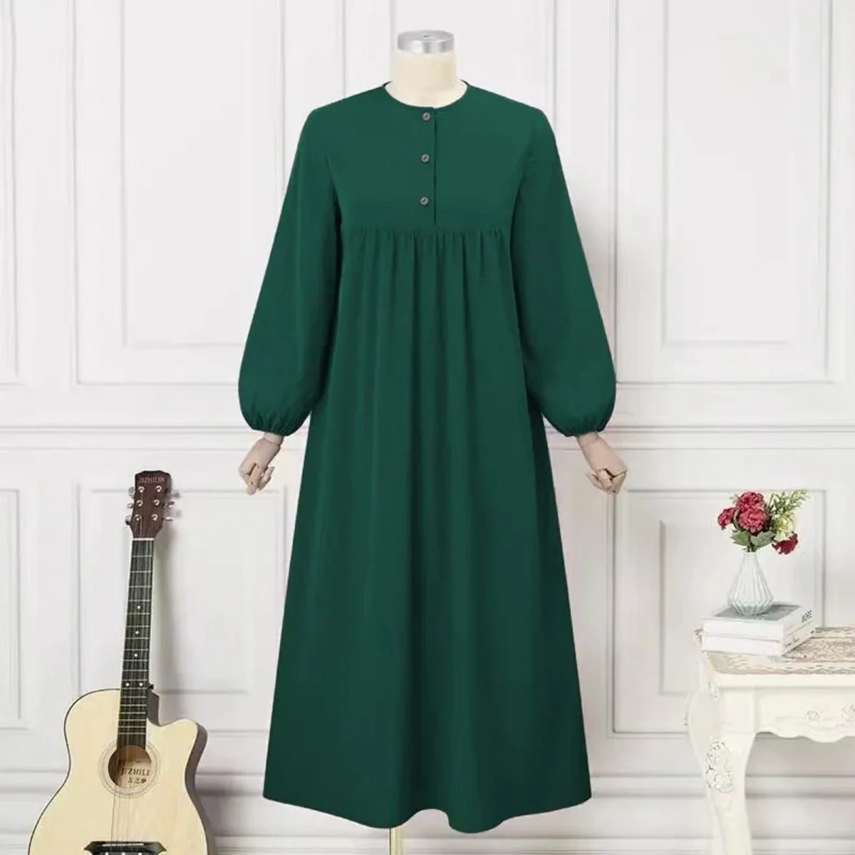 Solid Color Bubble Sleeve  with Button Casual & Elegant Long Maxi Dress Abaya (MA157) - Image 6
