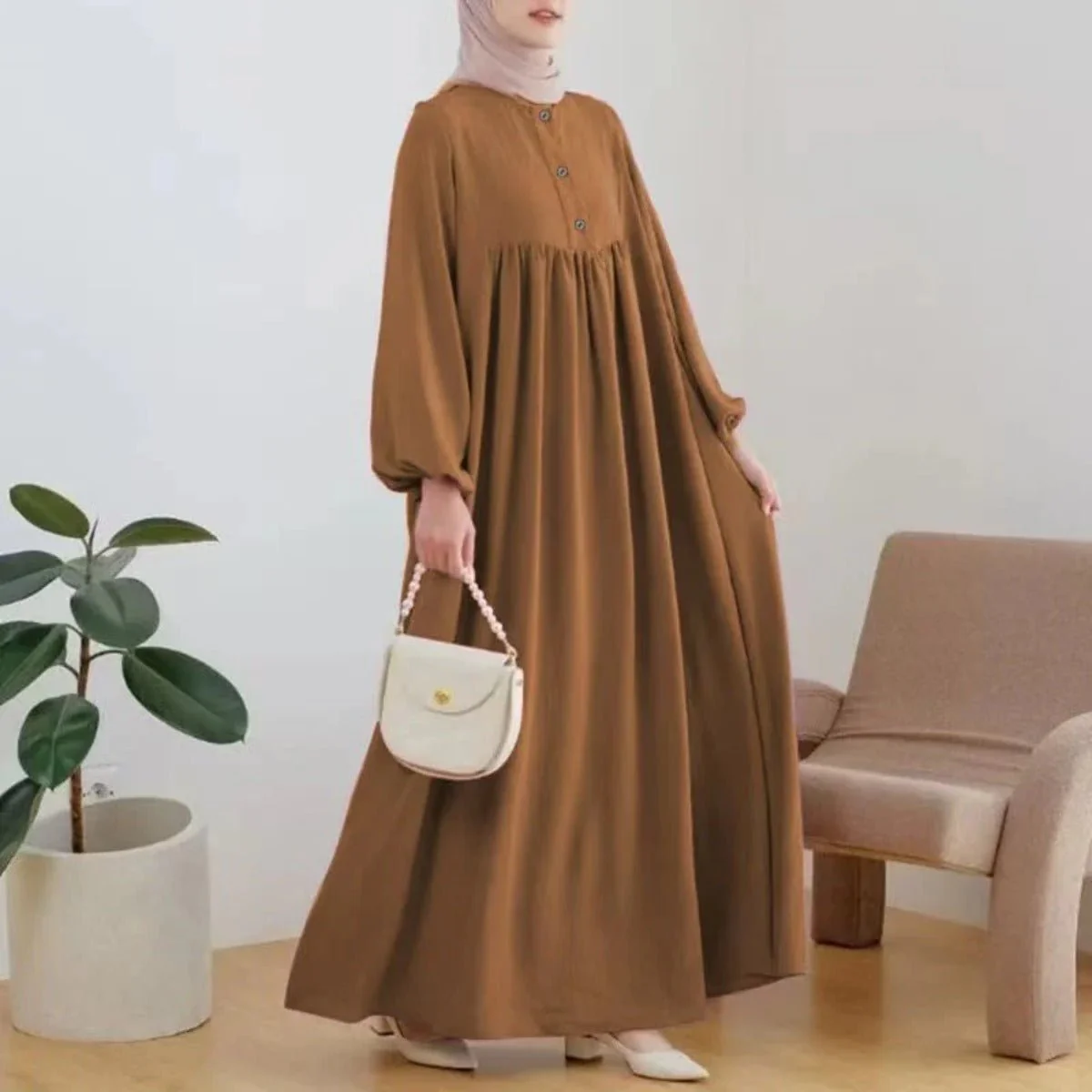 Solid Color Bubble Sleeve  with Button Casual & Elegant Long Maxi Dress Abaya (MA157) - Image 7