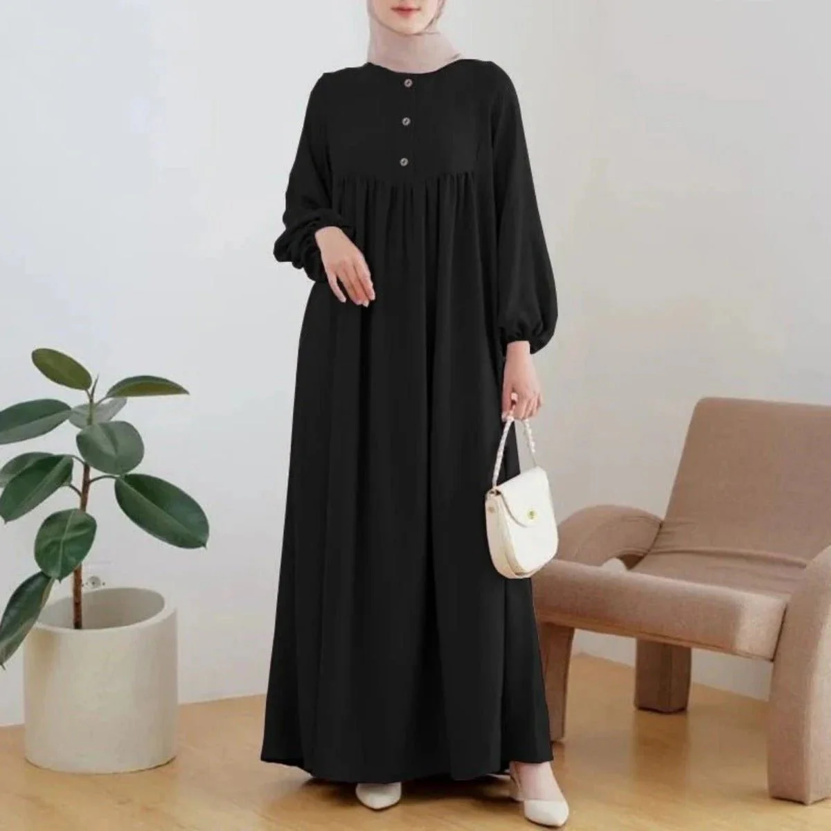 Solid Color Bubble Sleeve  with Button Casual & Elegant Long Maxi Dress Abaya (MA157) - Image 9