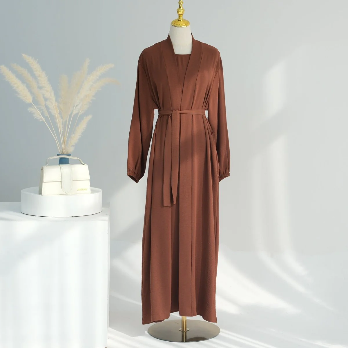 Solid Color Elegant Open Abaya with Pockets | 3-Piece Set Open Abaya (MOA092) - Image 11