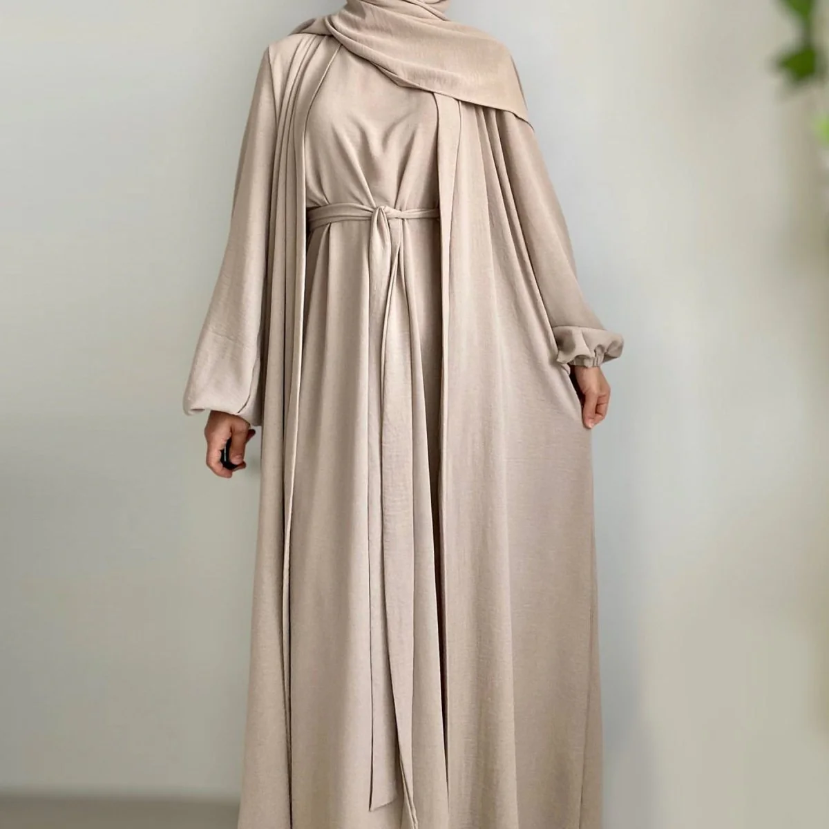 Solid Color Elegant Open Abaya with Pockets | 3-Piece Set Open Abaya (MOA092) - Image 13