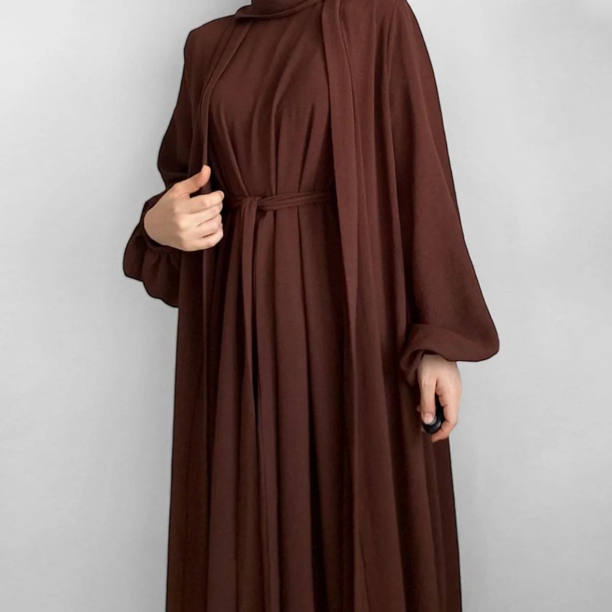Solid Color Elegant Open Abaya with Pockets | 3-Piece Set Open Abaya (MOA092) - Image 3
