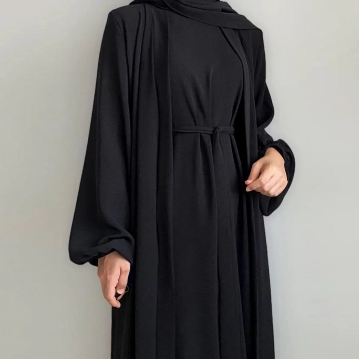 Solid Color Elegant Open Abaya with Pockets | 3-Piece Set Open Abaya (MOA092) - Image 5