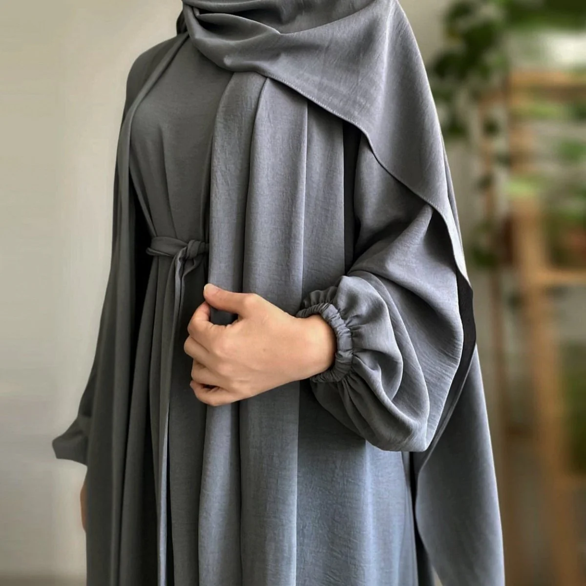 Solid Color Elegant Open Abaya with Pockets | 3-Piece Set Open Abaya (MOA092) - Image 6