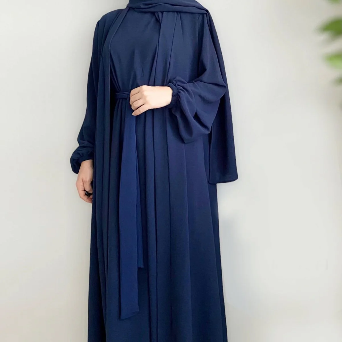 Solid Color Elegant Open Abaya with Pockets | 3-Piece Set Open Abaya (MOA092) - Image 7