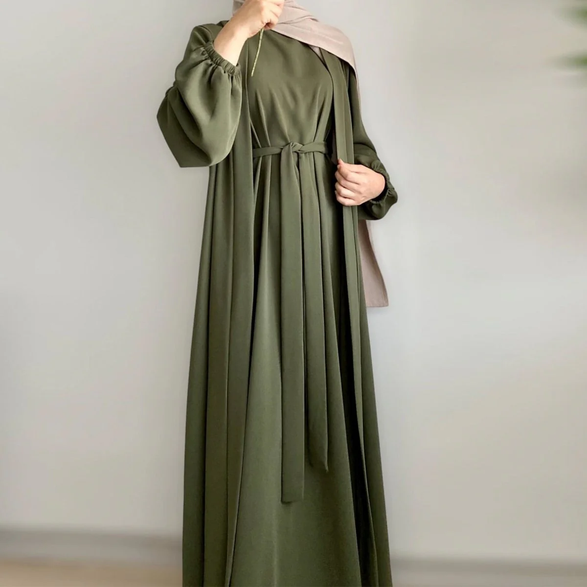 Solid Color Elegant Open Abaya with Pockets | 3-Piece Set Open Abaya (MOA092) - Image 8