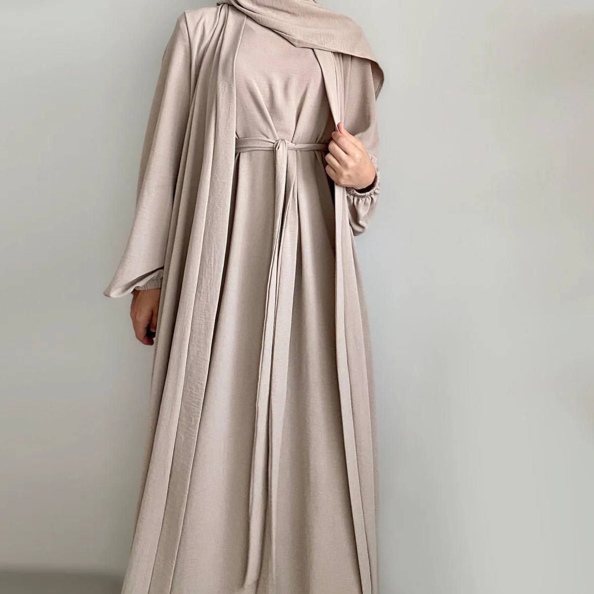 Solid Color Elegant Open Abaya with Pockets | 3-Piece Set Open Abaya (MOA092) - Image 9