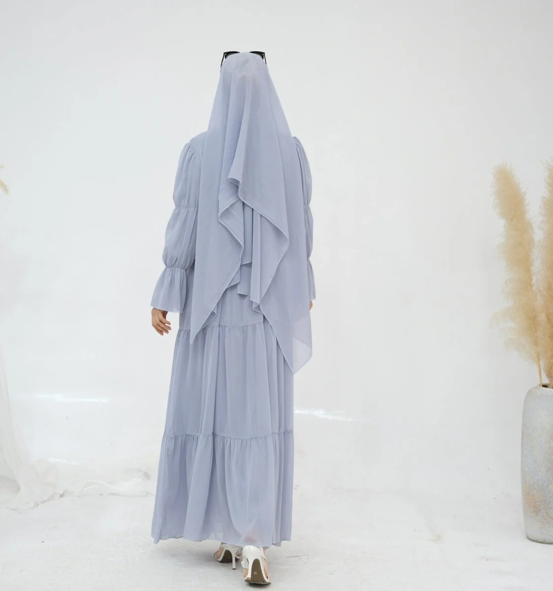 Solid Color Layered Chiffon Elegant Open Abaya 3-Piece Set (MOA132) - Image 10