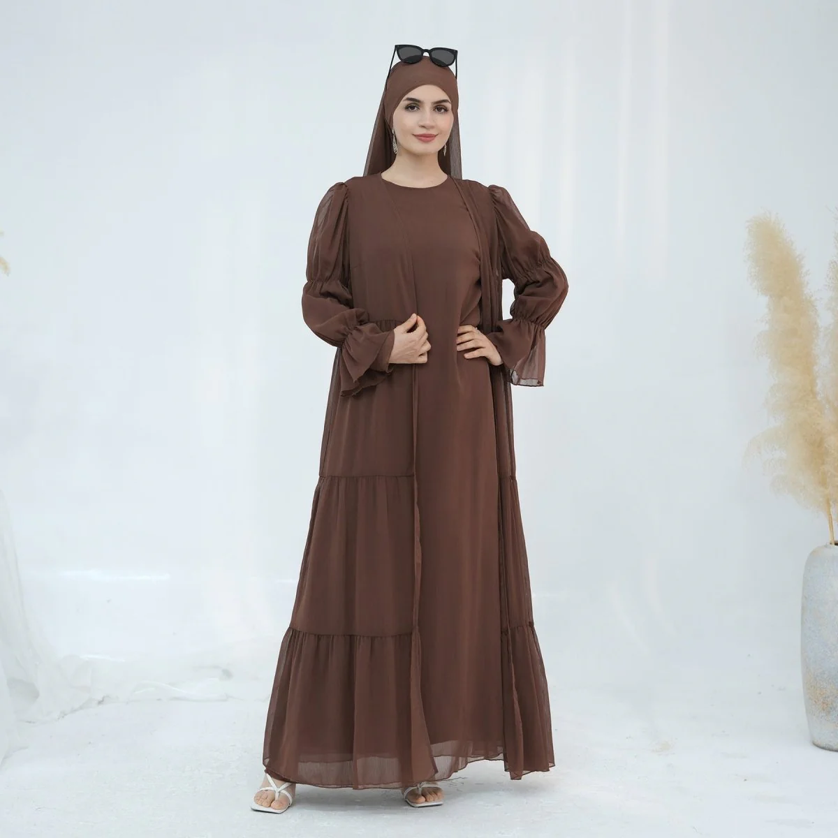 Solid Color Layered Chiffon Elegant Open Abaya 3-Piece Set (MOA132) - Image 11