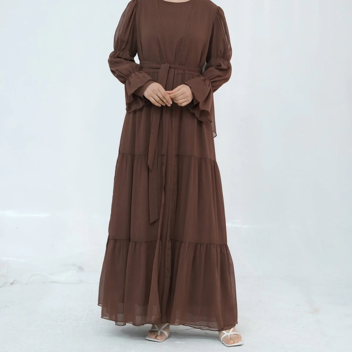 Solid Color Layered Chiffon Elegant Open Abaya 3-Piece Set (MOA132) - Image 12