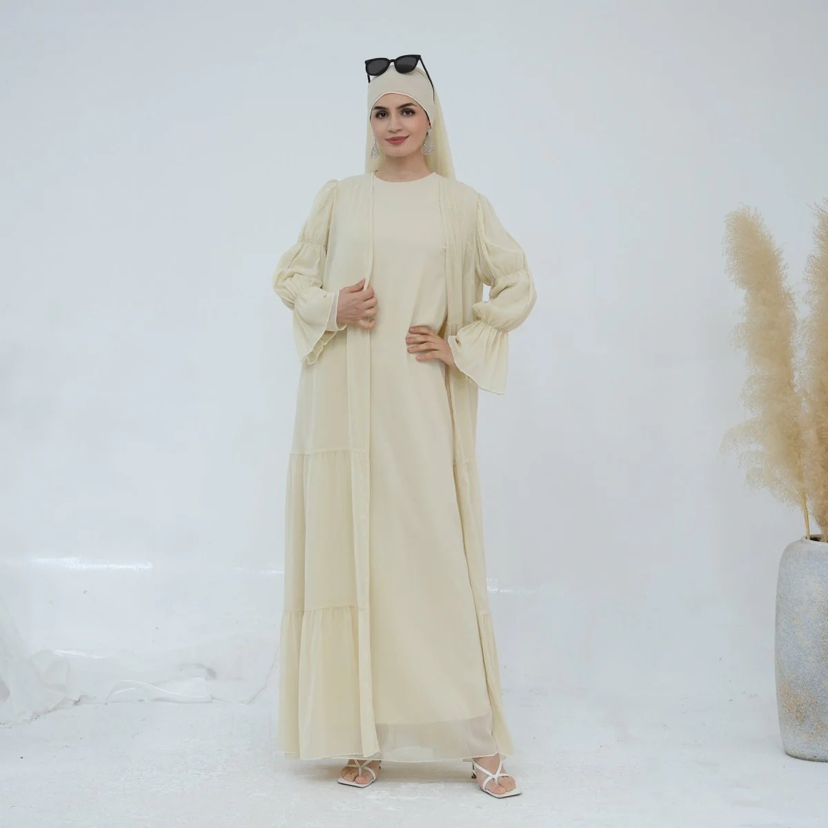 Solid Color Layered Chiffon Elegant Open Abaya 3-Piece Set (MOA132) - Image 13