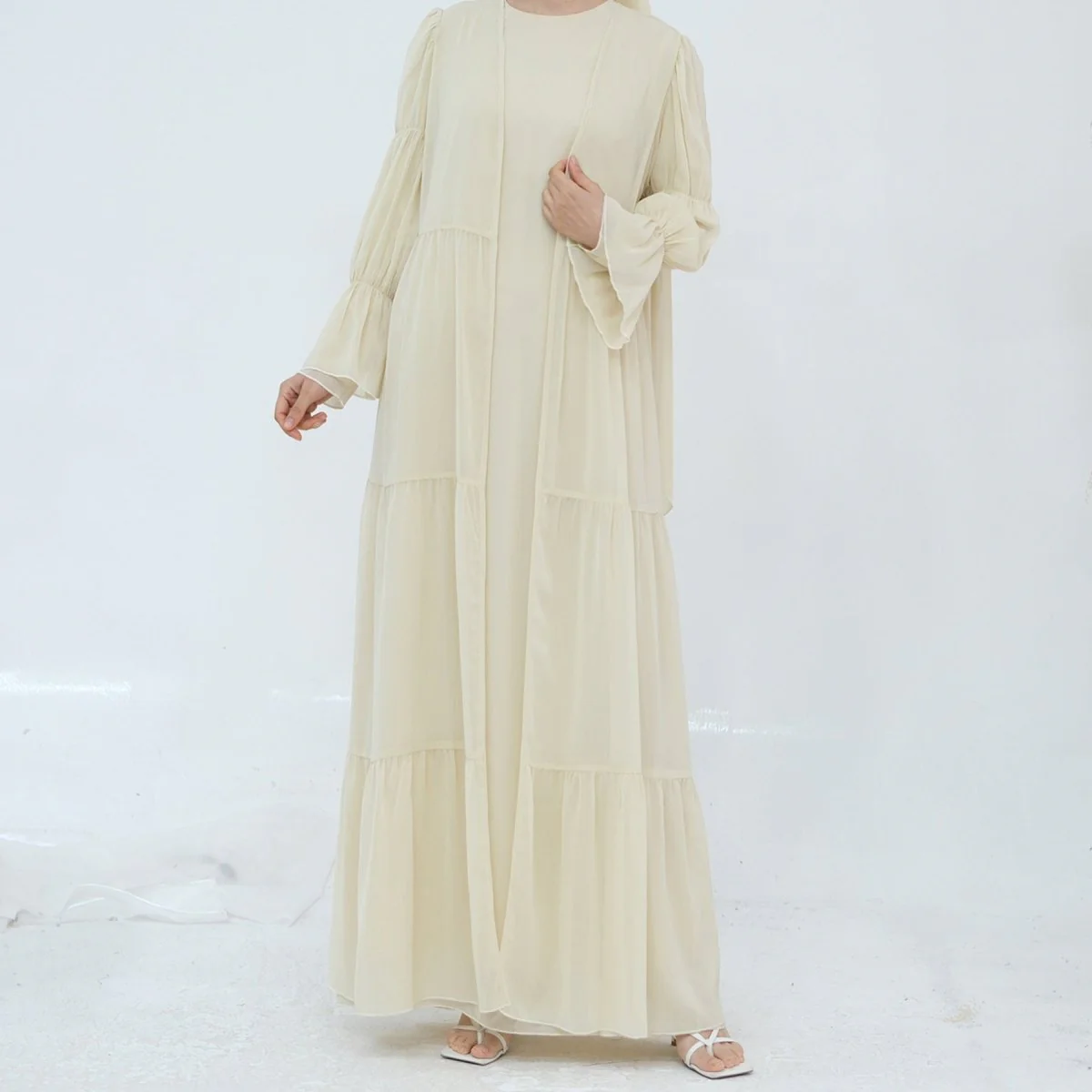 Solid Color Layered Chiffon Elegant Open Abaya 3-Piece Set (MOA132) - Image 14