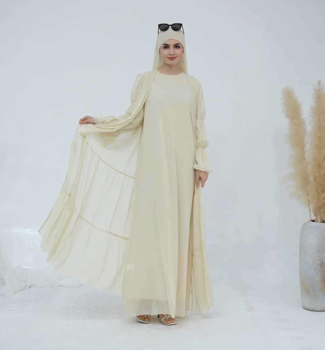 Solid Color Layered Chiffon Elegant Open Abaya 3-Piece Set (MOA132) - Image 15