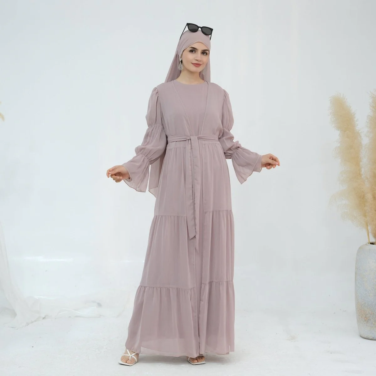 Solid Color Layered Chiffon Elegant Open Abaya 3-Piece Set (MOA132) - Image 16