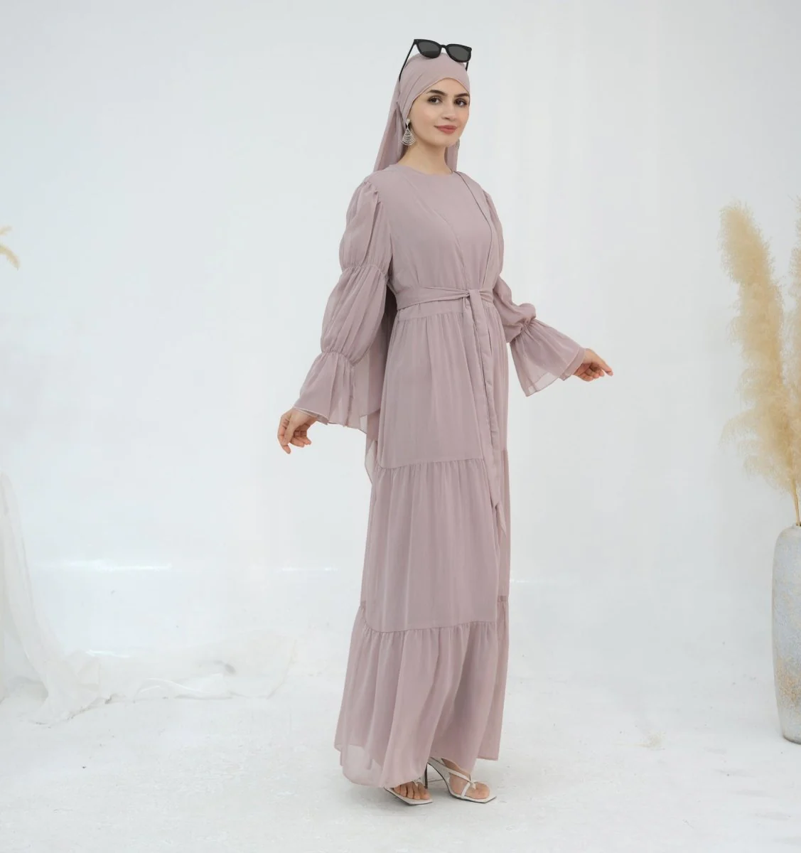 Solid Color Layered Chiffon Elegant Open Abaya 3-Piece Set (MOA132) - Image 17